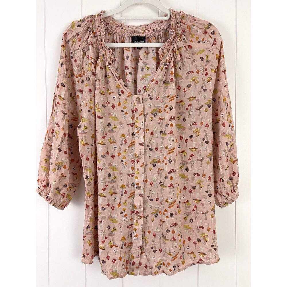 Wallpapher Pink Mushroom Forest Enchanted Whimsical Blouse Plus XXL 100% Rayon